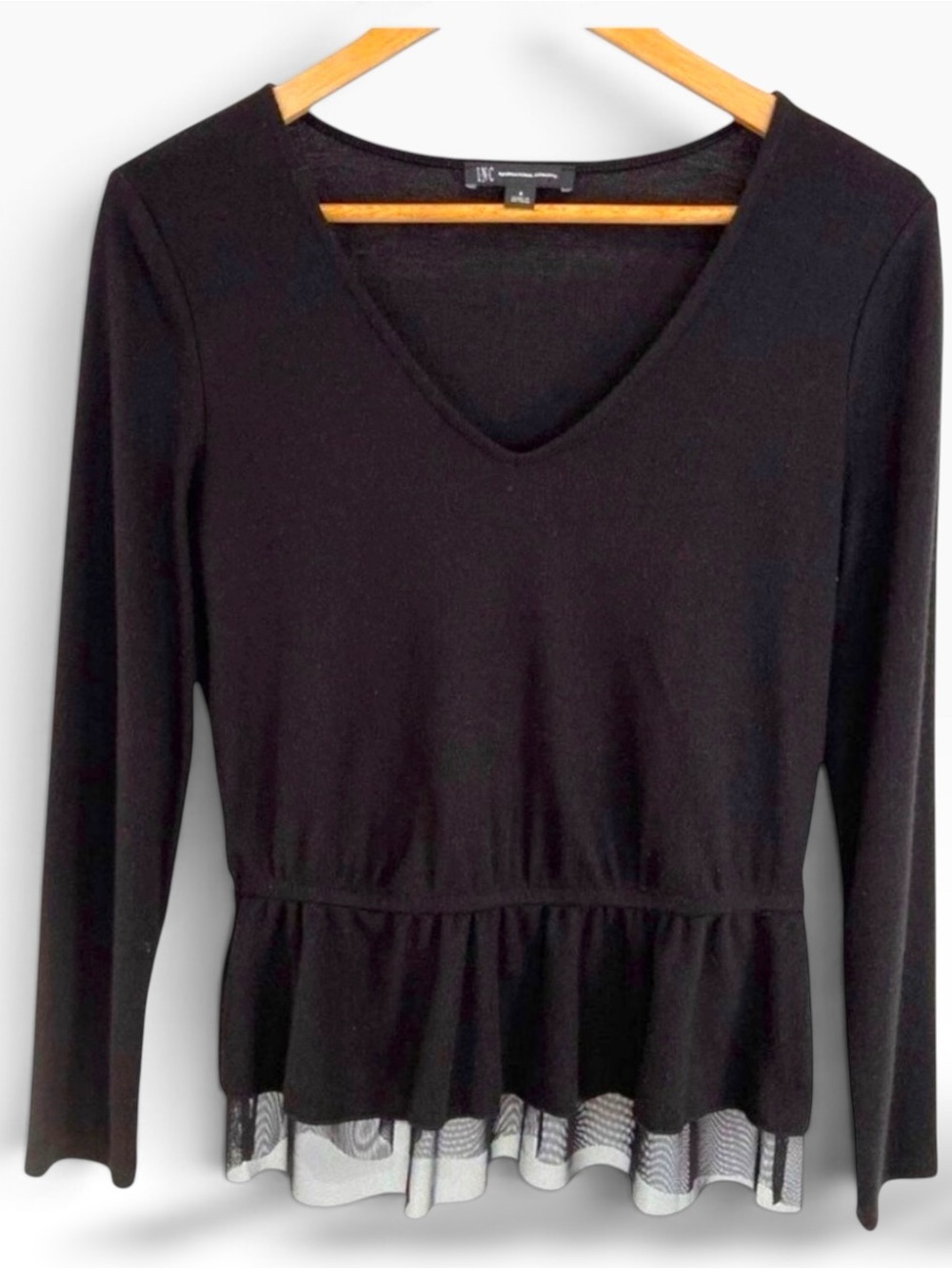 INC International concept black knit sweater top Vneckline tulle embellished ela
